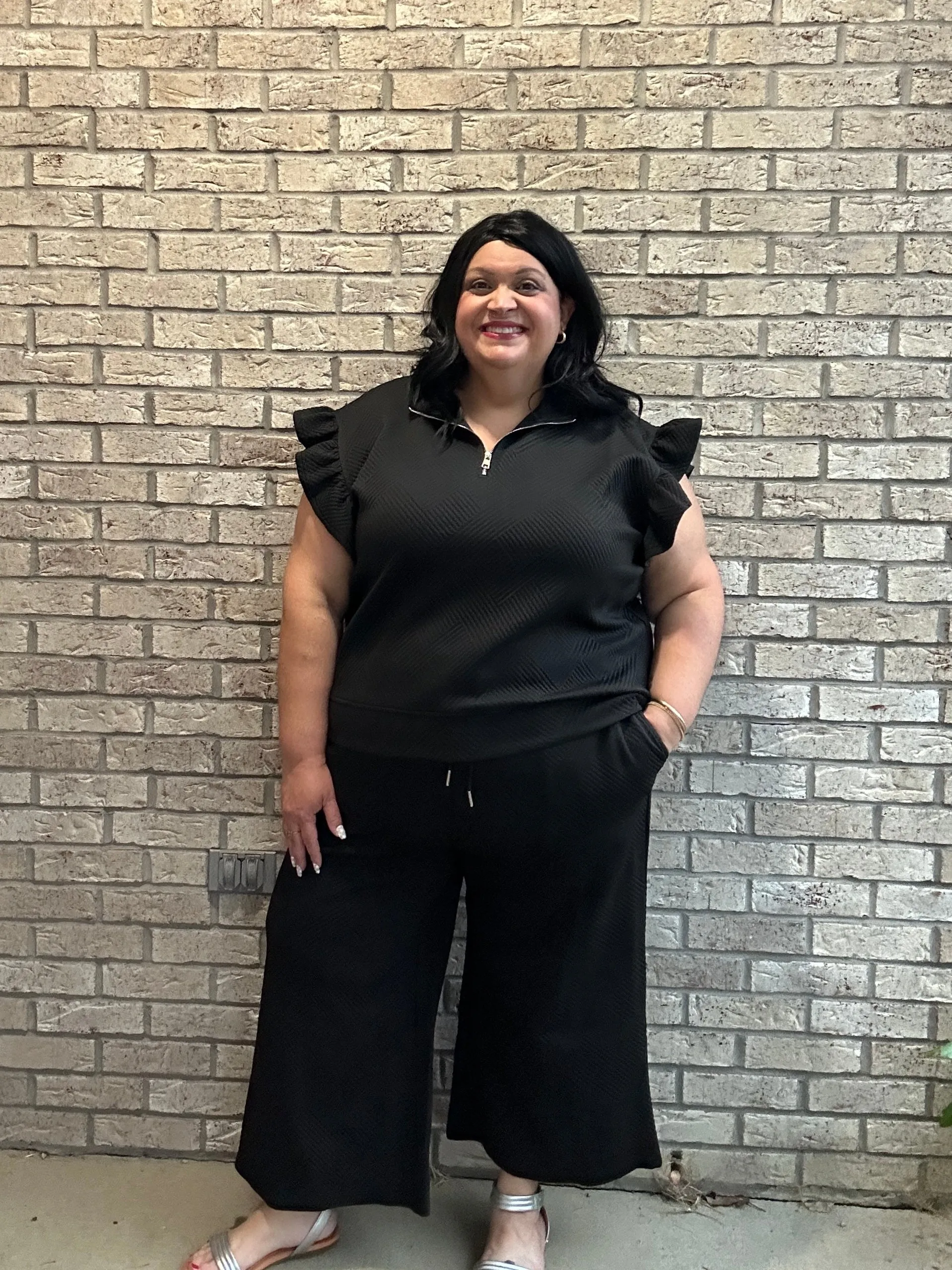 Double Take Texture Ruffle Short Sleeve Top and Drawstring Wide Leg Pants Set