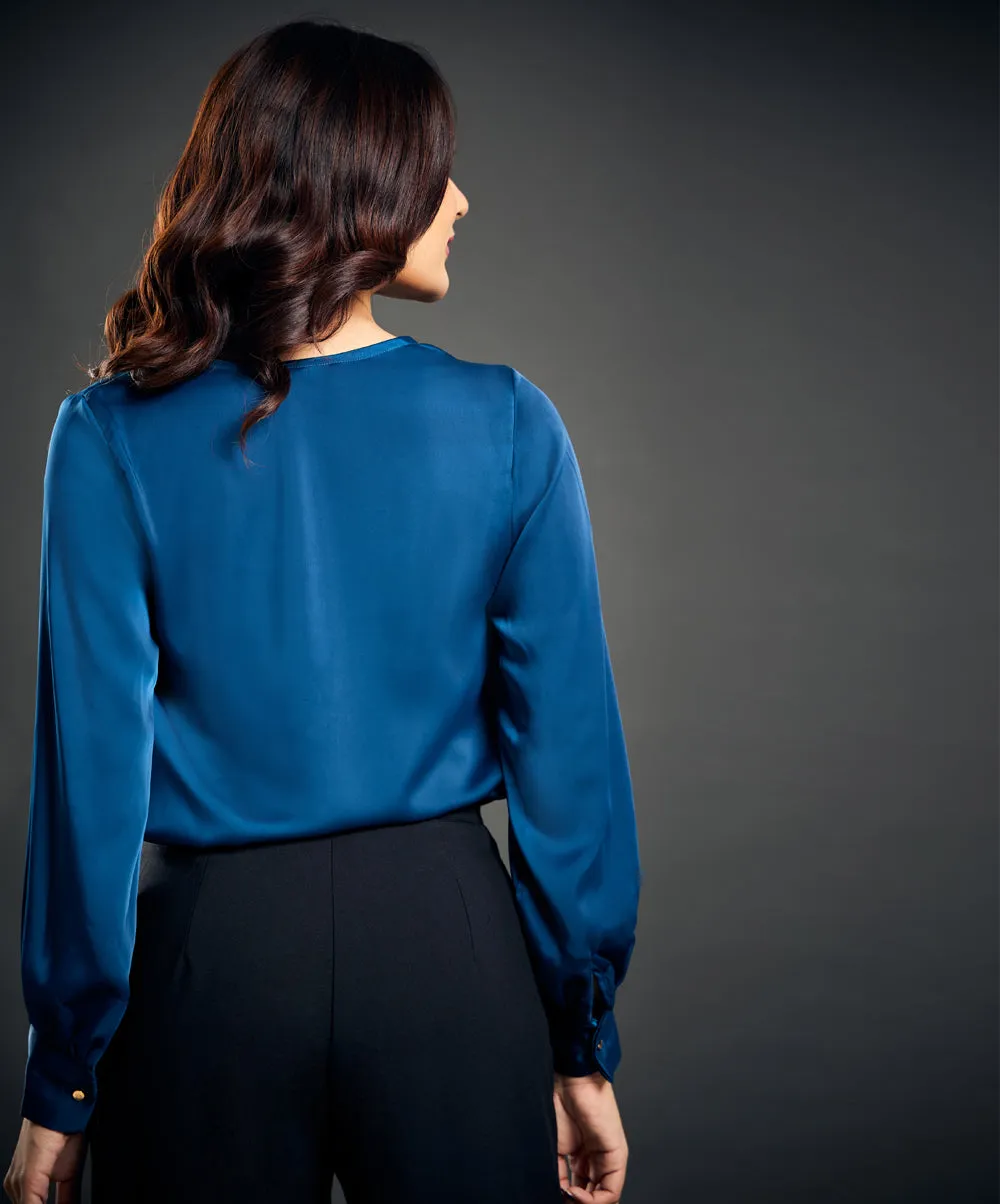 Draped Collar Lantern Sleeve Blue Blouse