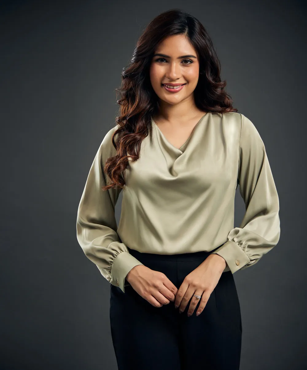 Draped Collar Lantern Sleeve Satin Blouse