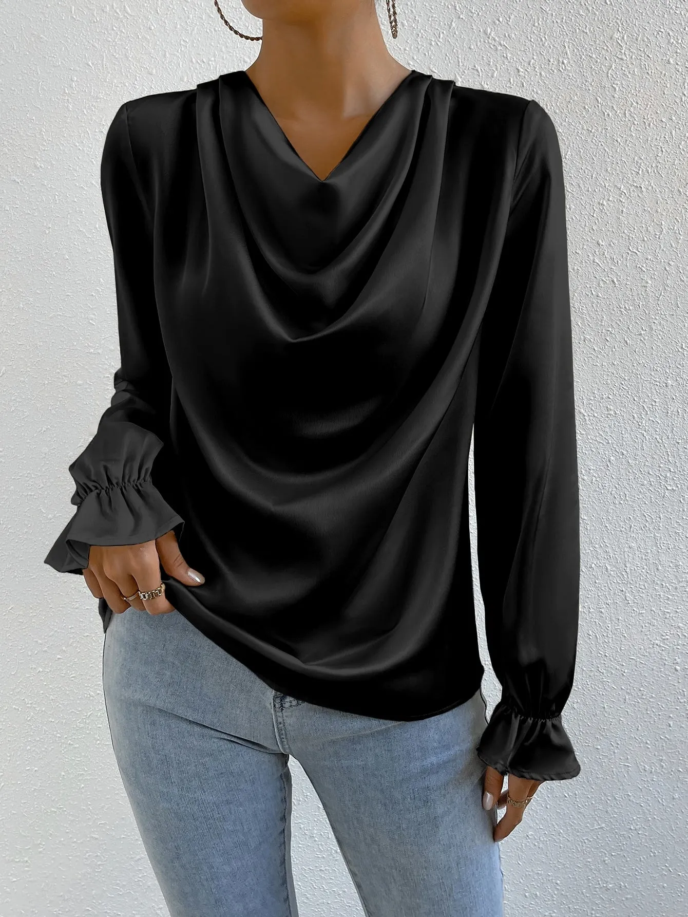 Draped Front Flounce Sleeve Satin Blouse