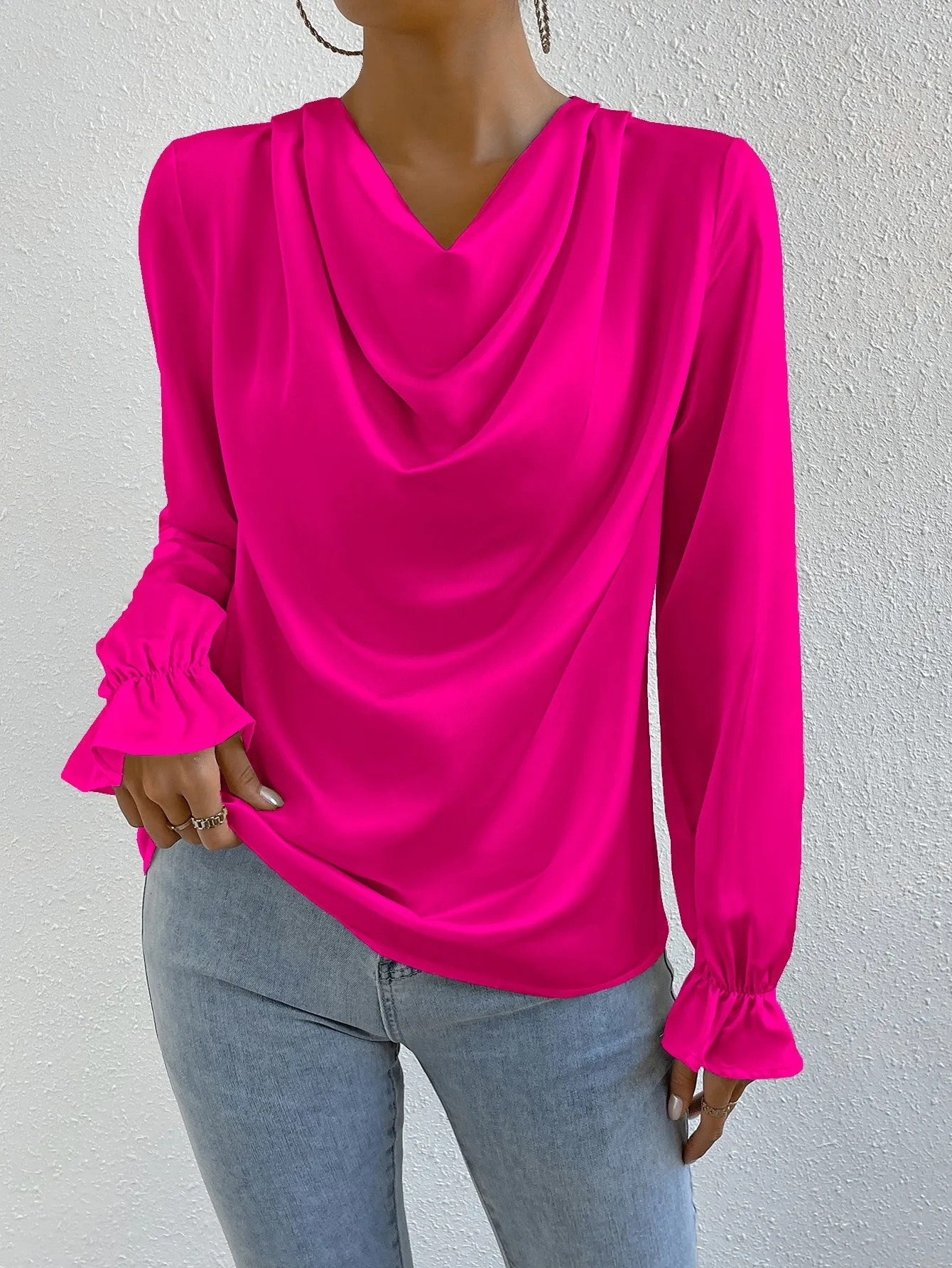 Draped Front Flounce Sleeve Satin Blouse