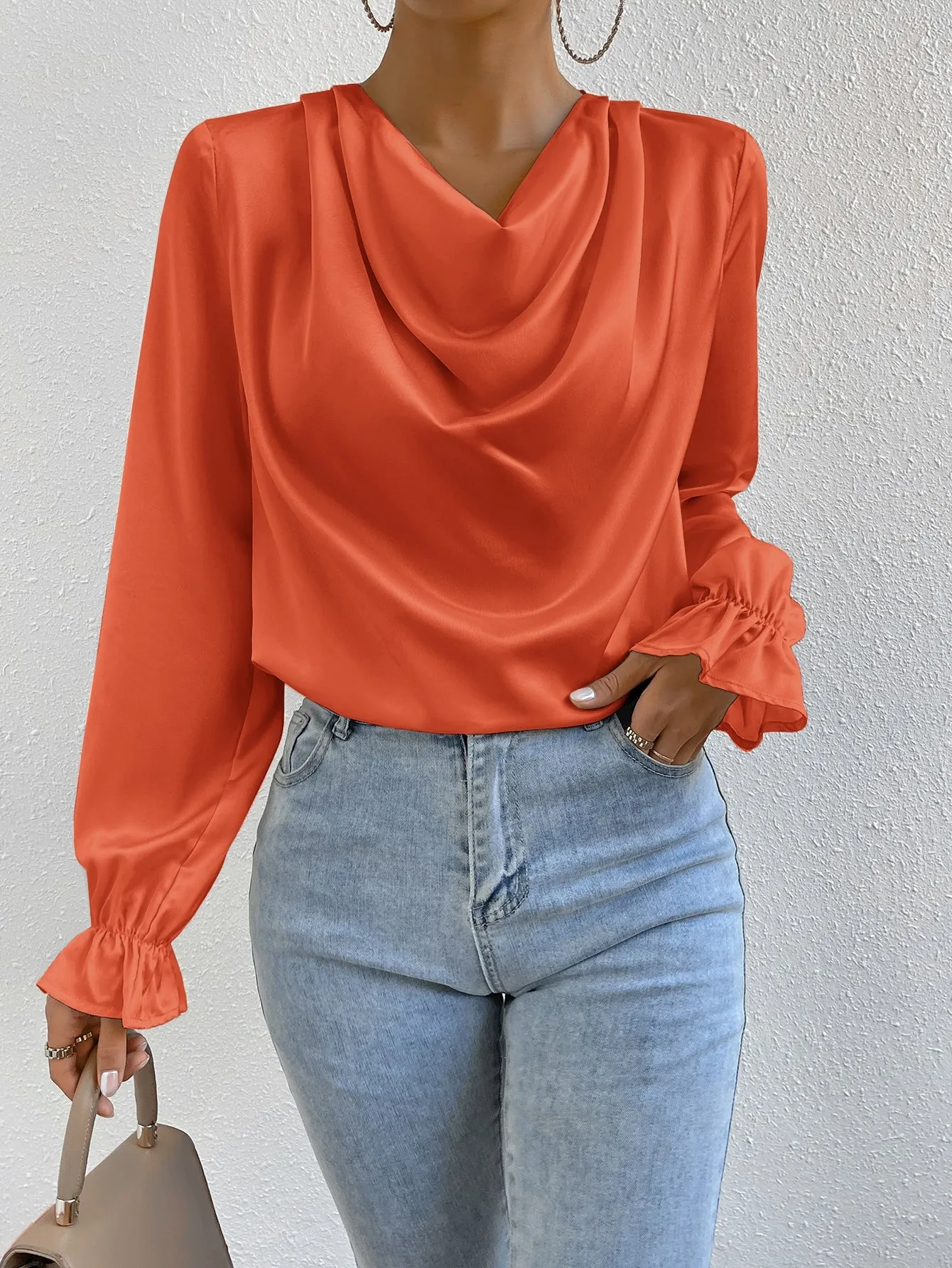 Draped Front Flounce Sleeve Satin Blouse