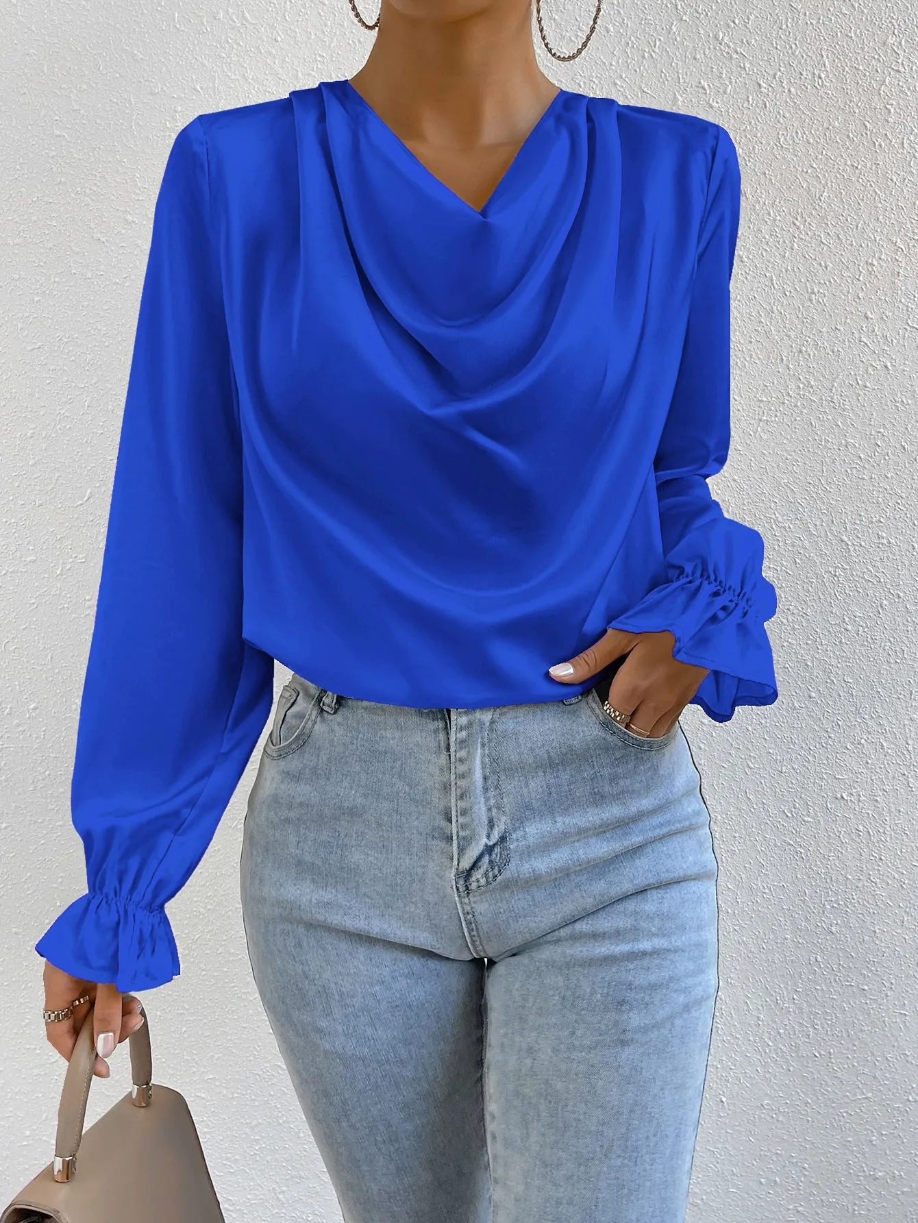 Draped Front Flounce Sleeve Satin Blouse