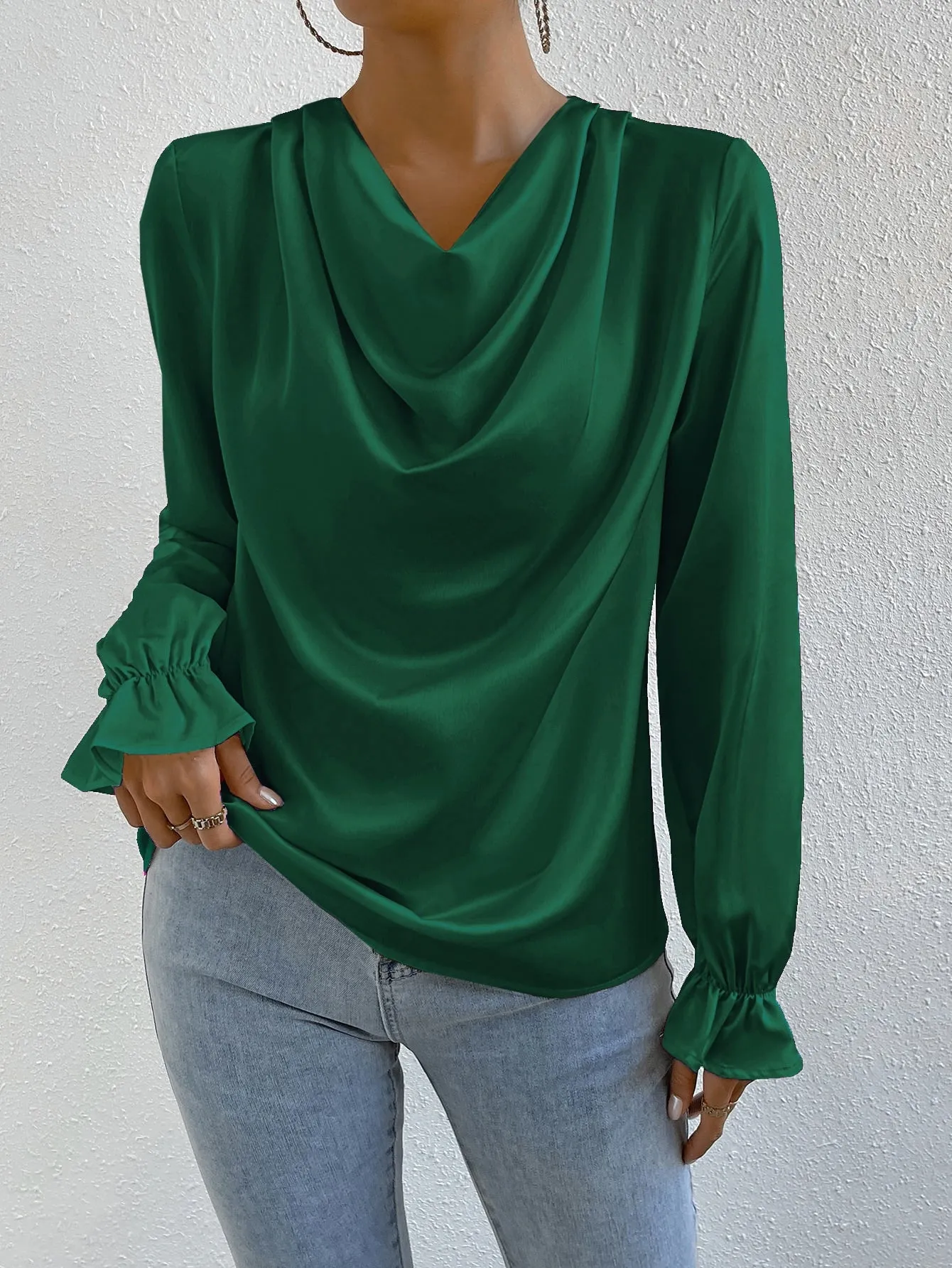 Draped Front Flounce Sleeve Satin Blouse