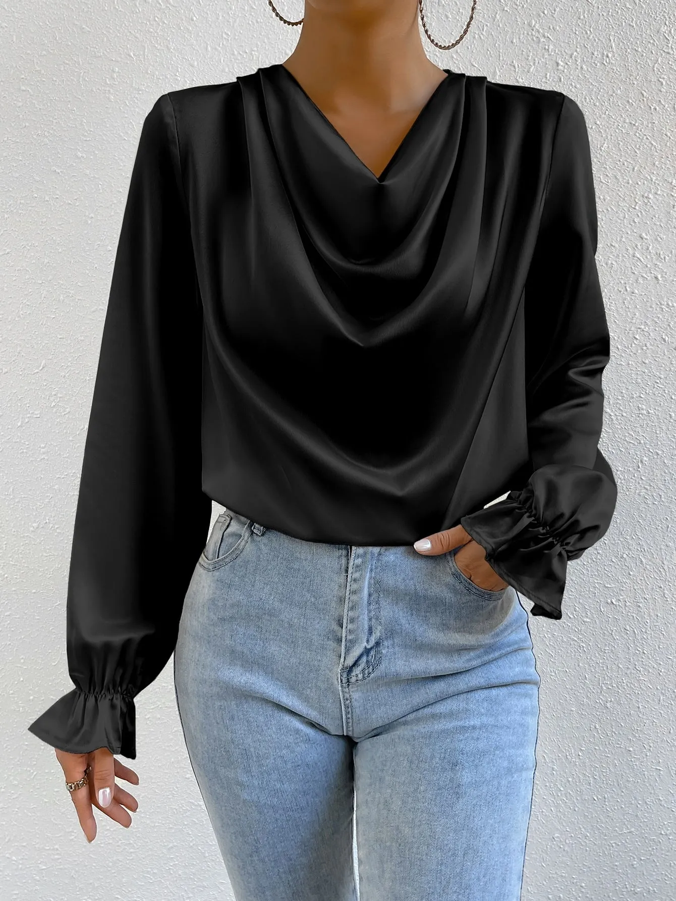 Draped Front Flounce Sleeve Satin Blouse