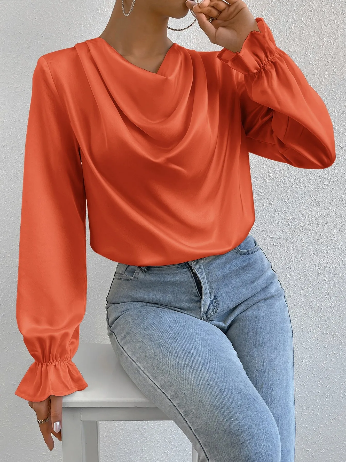 Draped Front Flounce Sleeve Satin Blouse