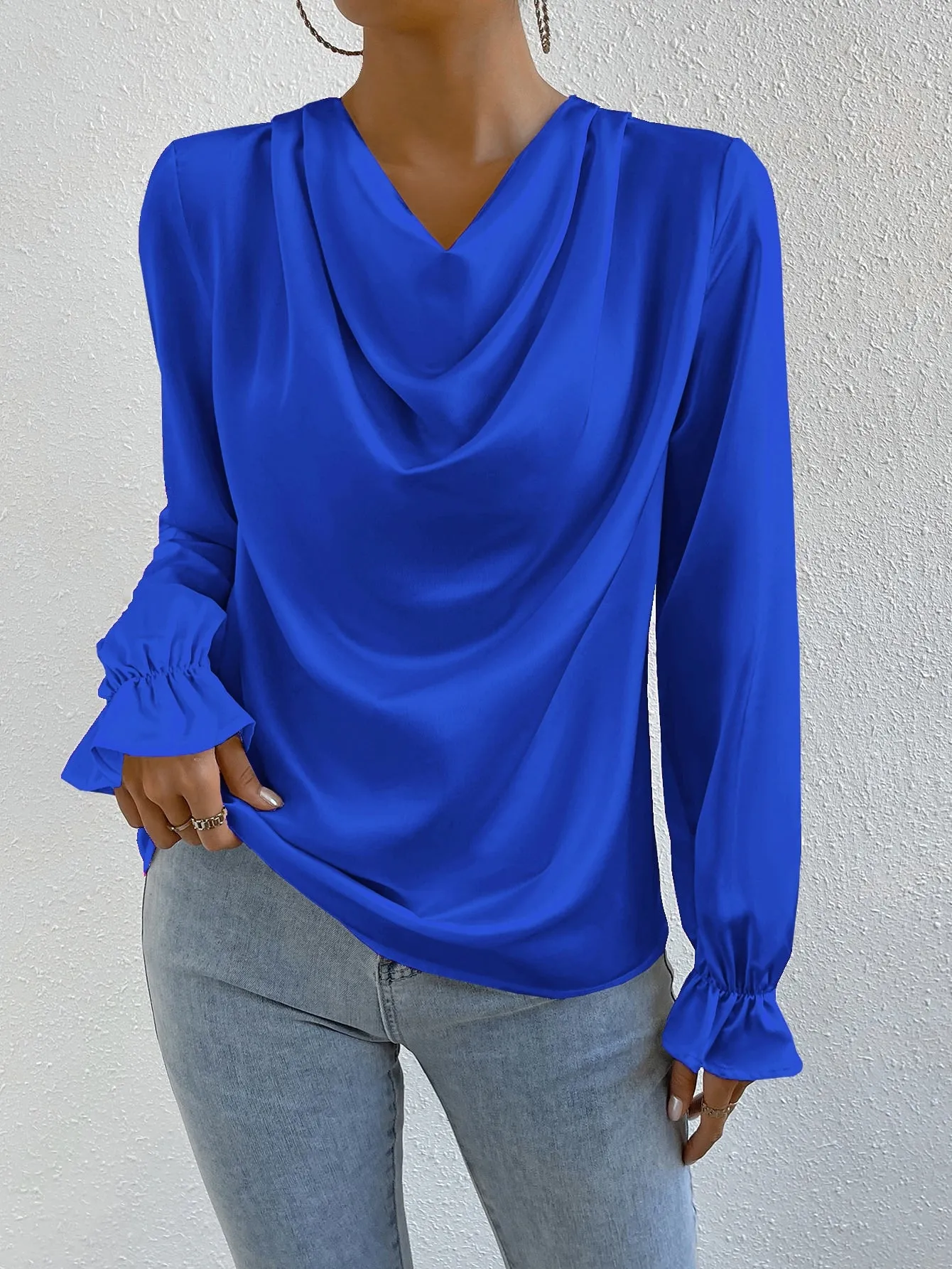 Draped Front Flounce Sleeve Satin Blouse