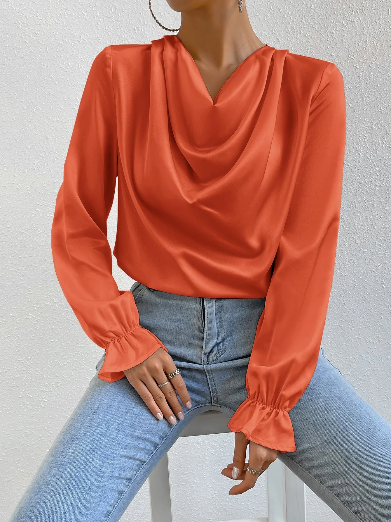 Draped Front Flounce Sleeve Satin Blouse