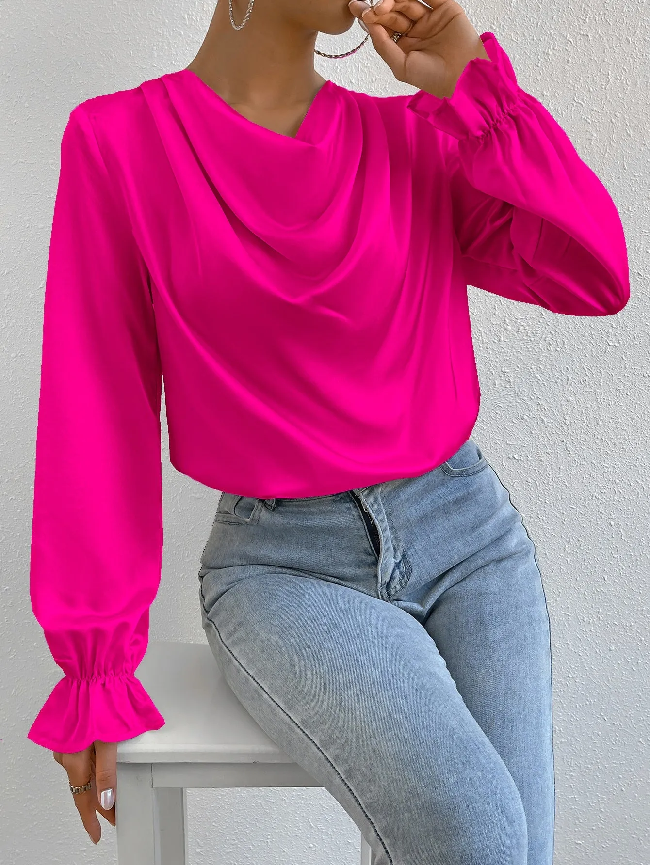 Draped Front Flounce Sleeve Satin Blouse