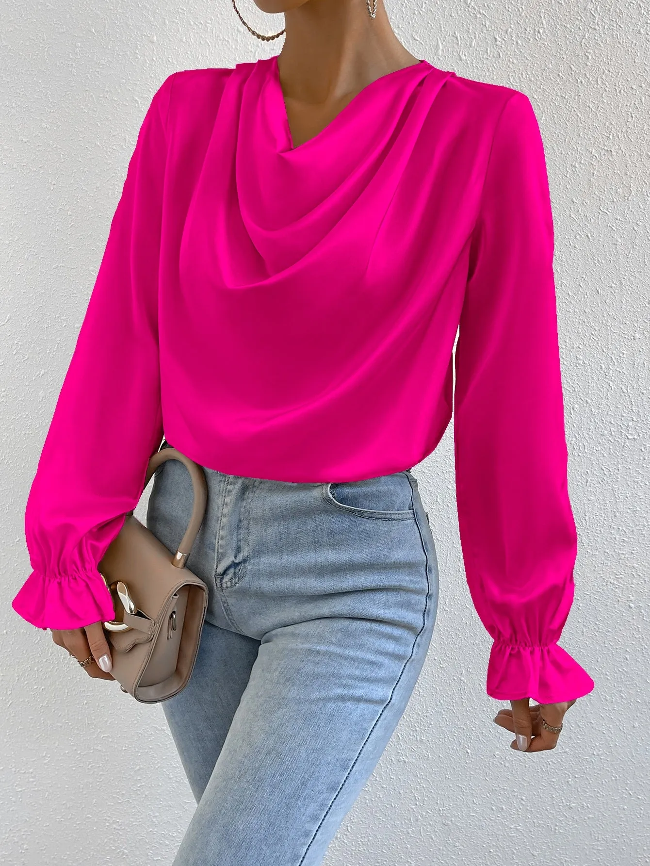 Draped Front Flounce Sleeve Satin Blouse