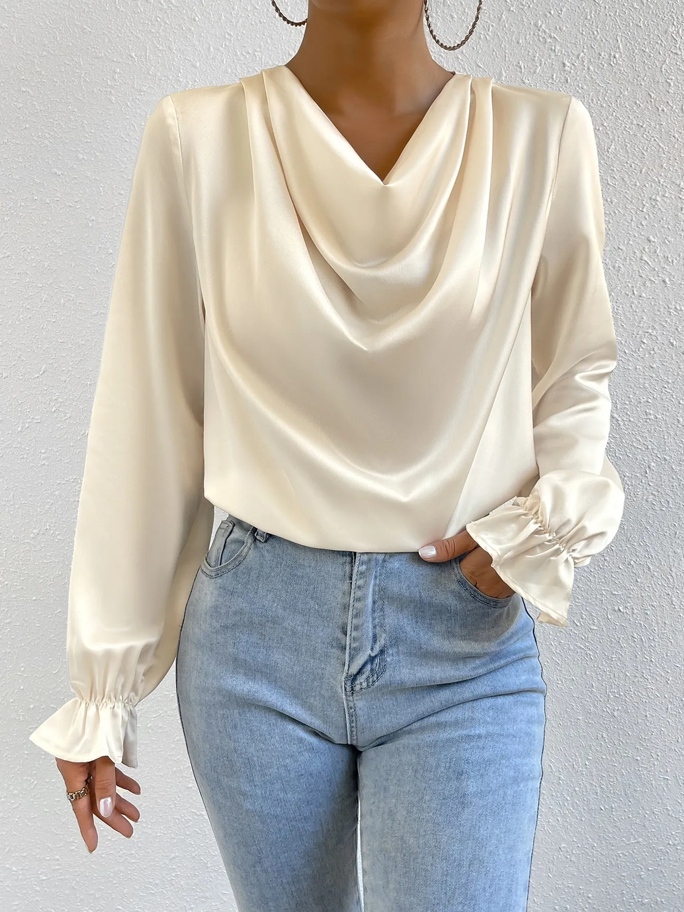 Draped Front Flounce Sleeve Satin Blouse
