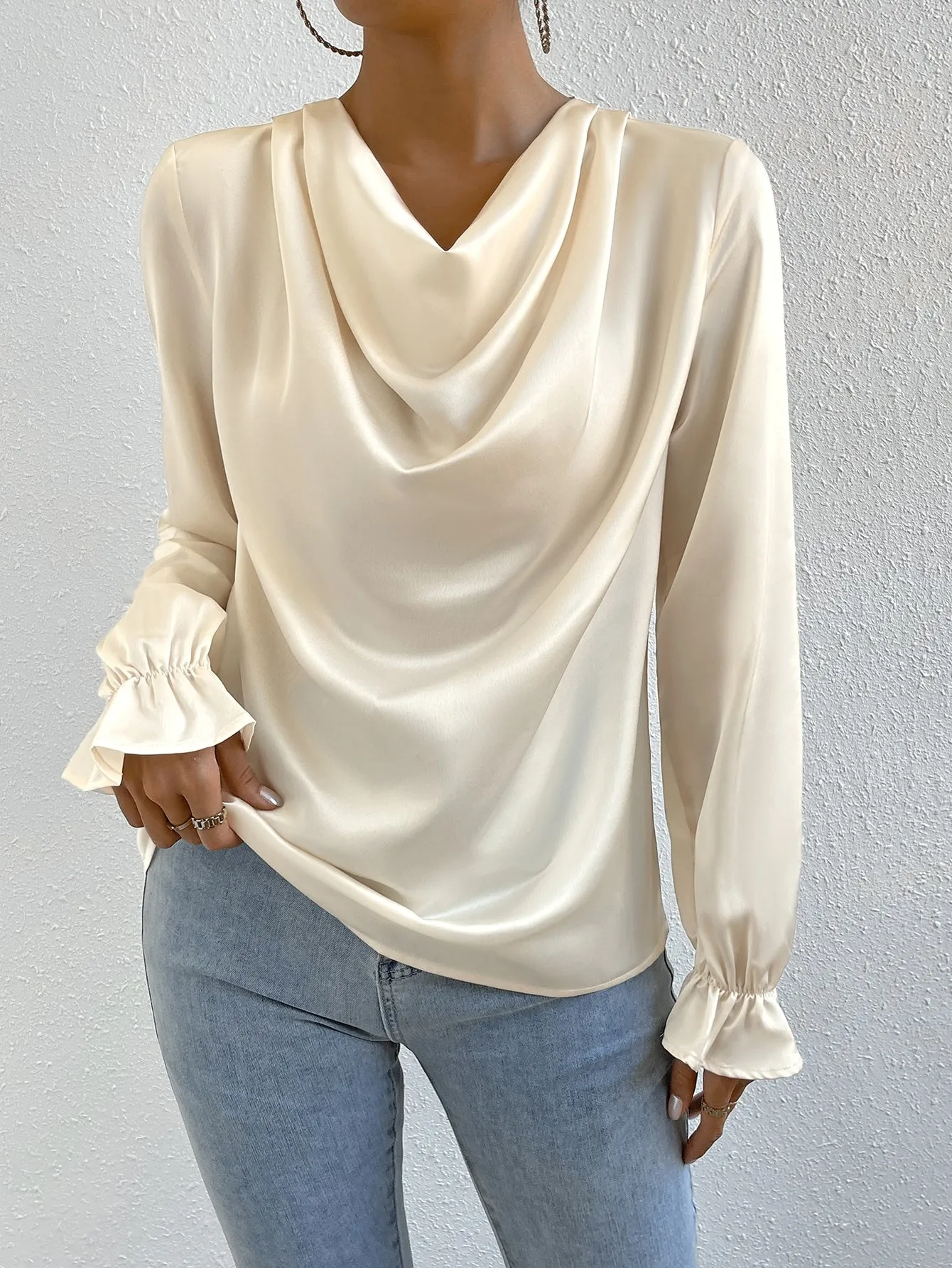 Draped Front Flounce Sleeve Satin Blouse