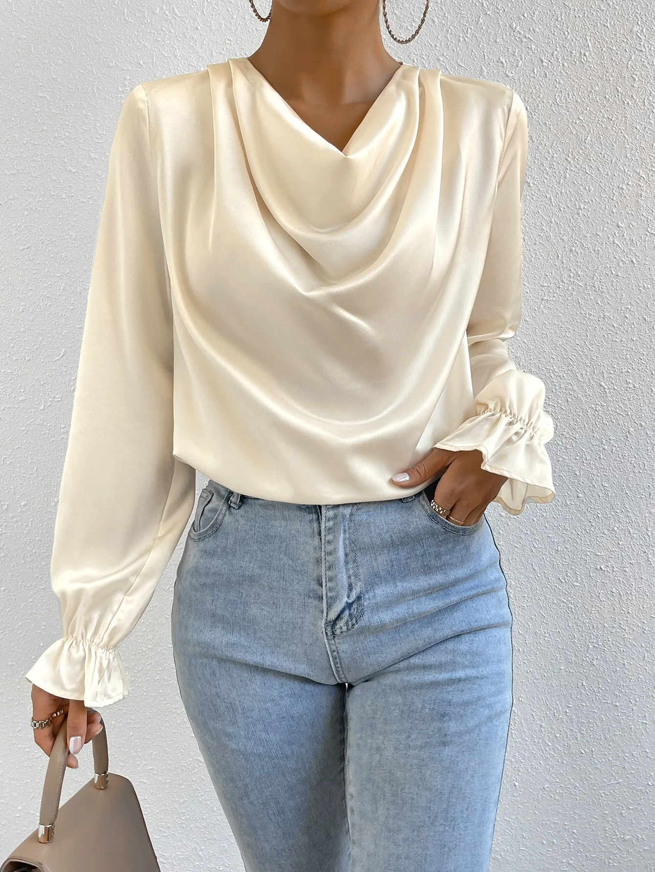 Draped Front Flounce Sleeve Satin Blouse