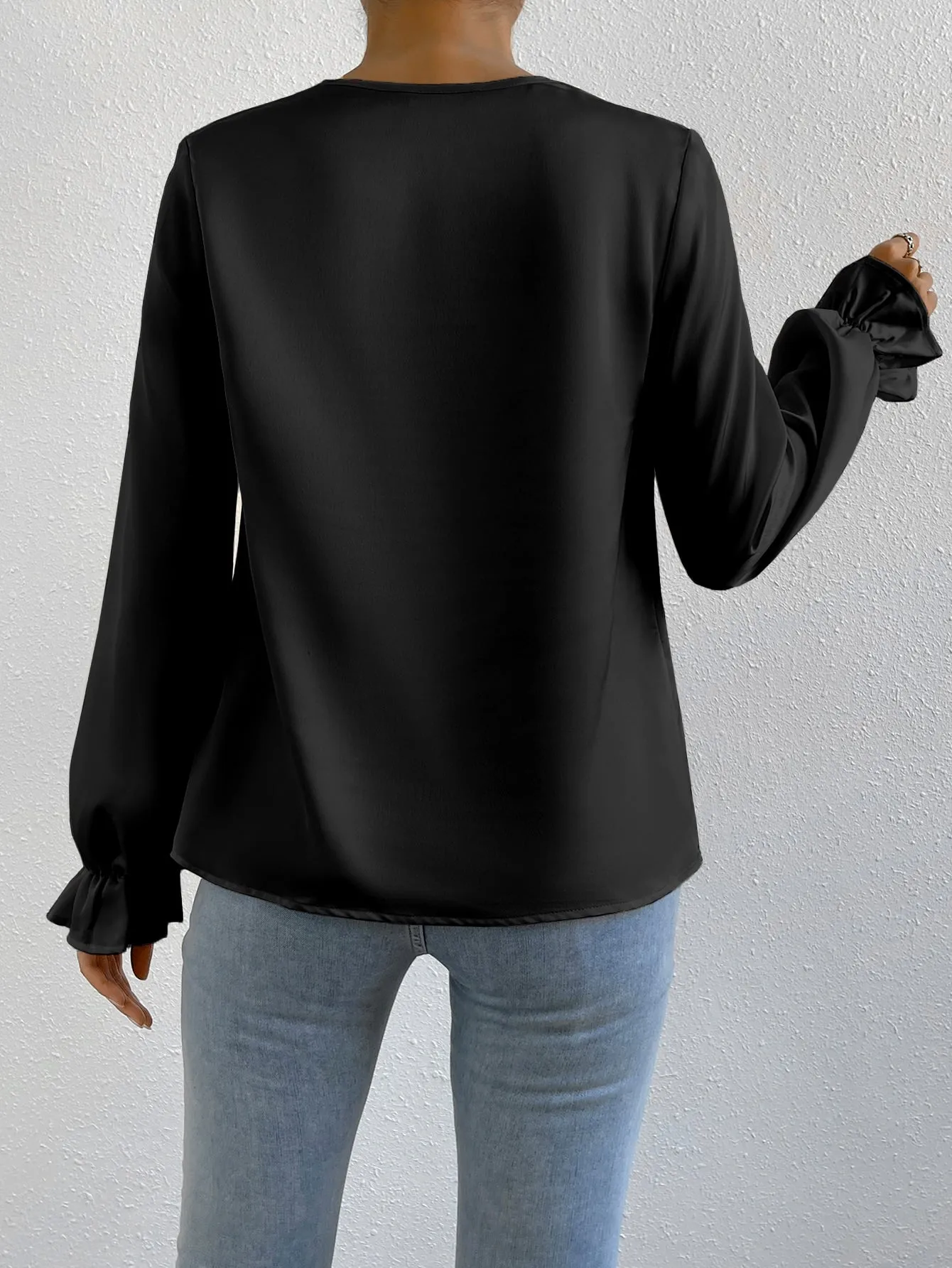 Draped Front Flounce Sleeve Satin Blouse