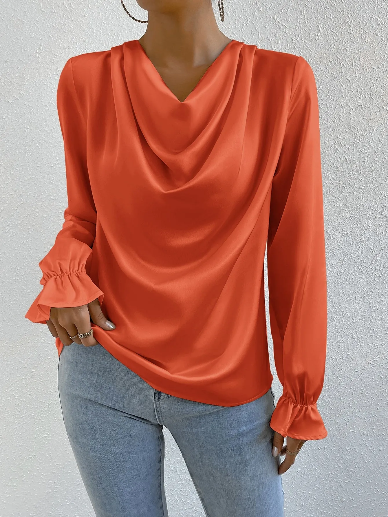 Draped Front Flounce Sleeve Satin Blouse