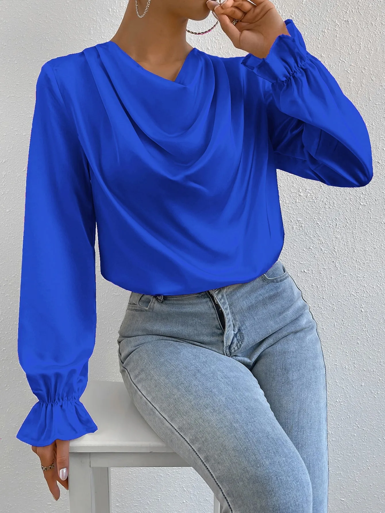 Draped Front Flounce Sleeve Satin Blouse