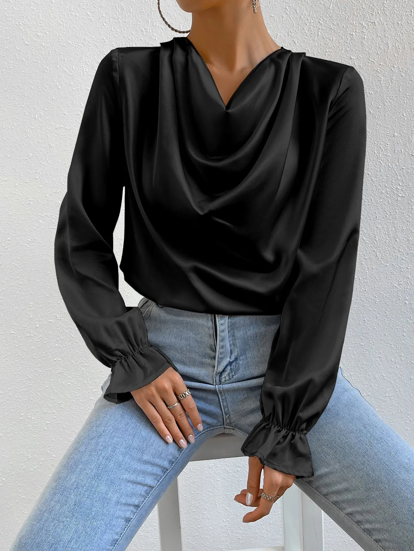 Draped Front Flounce Sleeve Satin Blouse