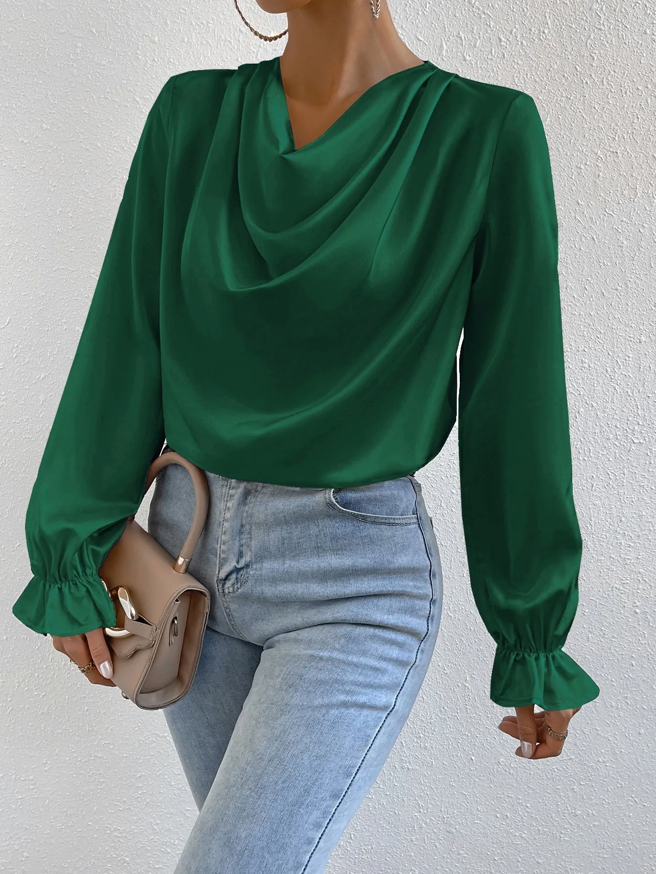 Draped Front Flounce Sleeve Satin Blouse