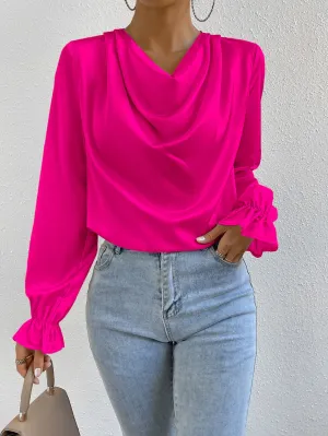 Draped Front Flounce Sleeve Satin Blouse