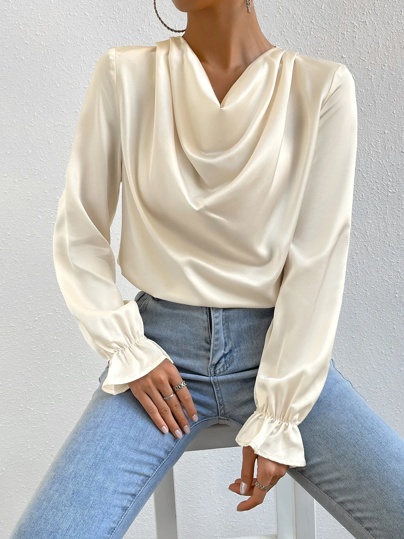 Draped Front Flounce Sleeve Satin Blouse