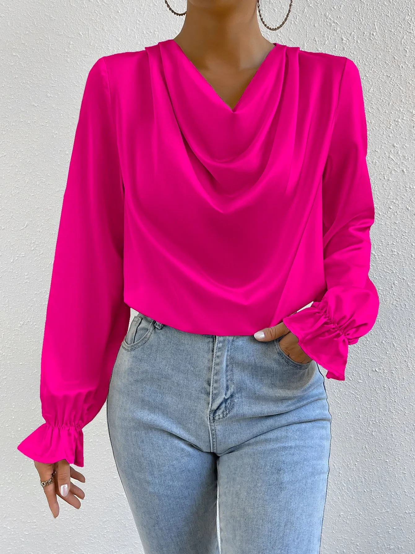 Draped Front Flounce Sleeve Satin Blouse