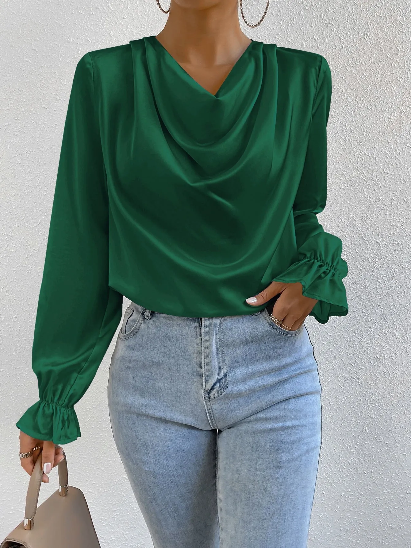 Draped Front Flounce Sleeve Satin Blouse