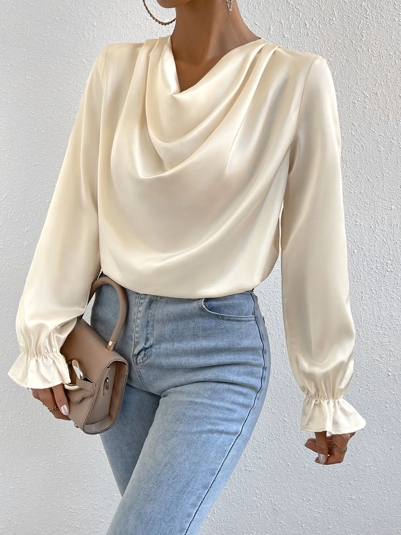 Draped Front Flounce Sleeve Satin Blouse