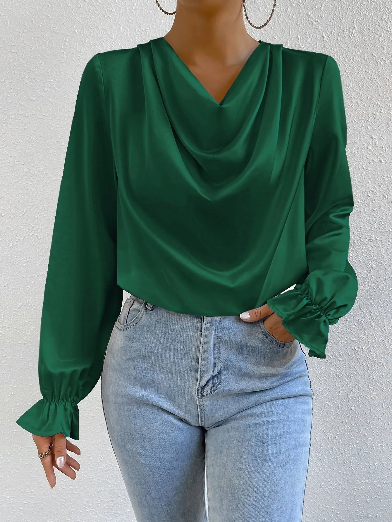 Draped Front Flounce Sleeve Satin Blouse