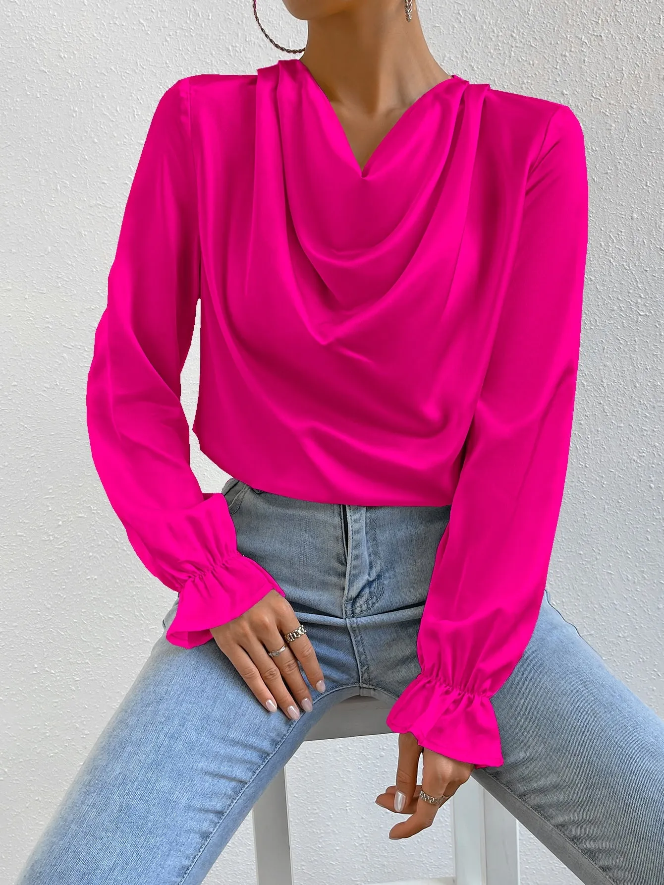 Draped Front Flounce Sleeve Satin Blouse