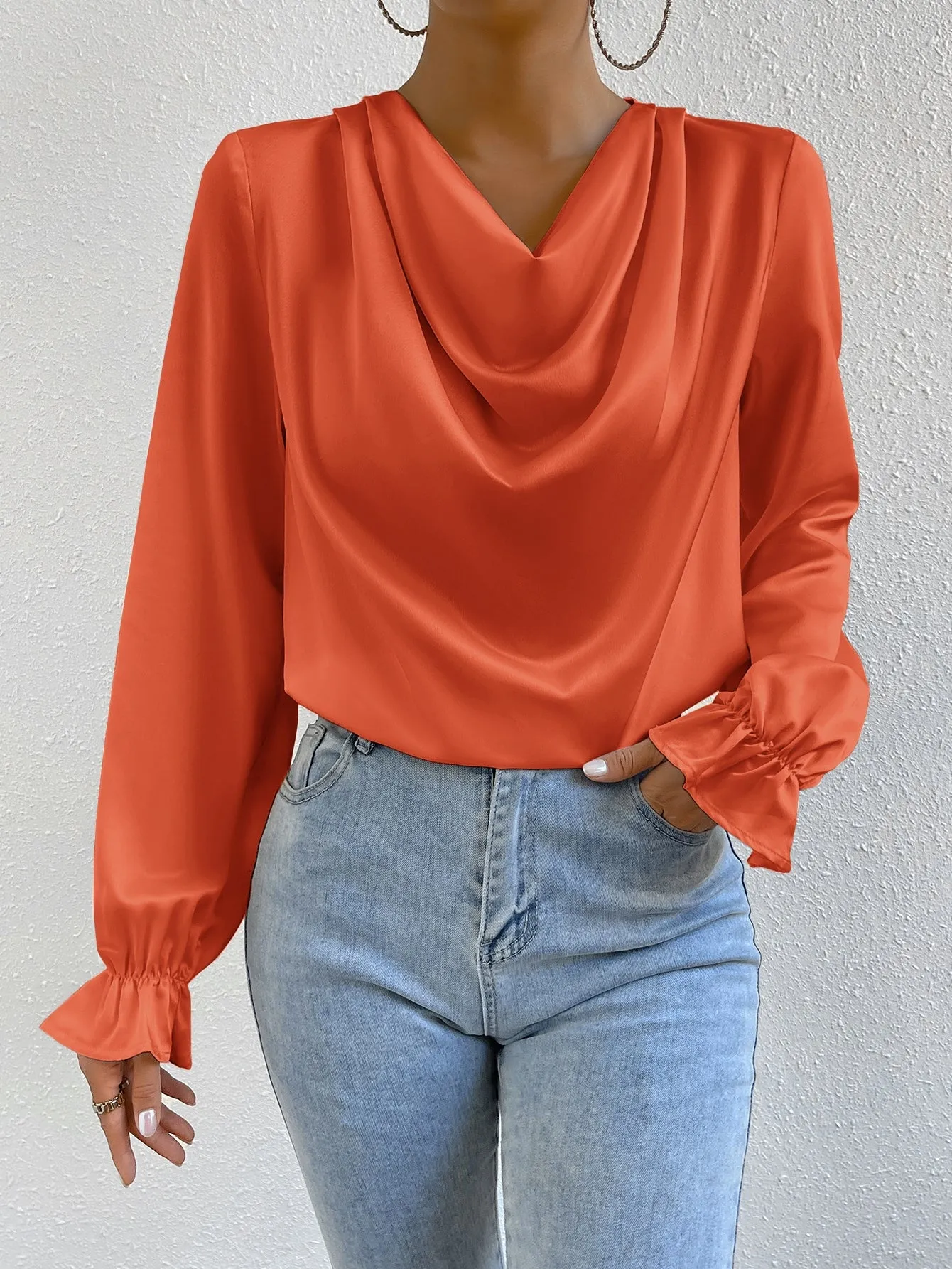 Draped Front Flounce Sleeve Satin Blouse
