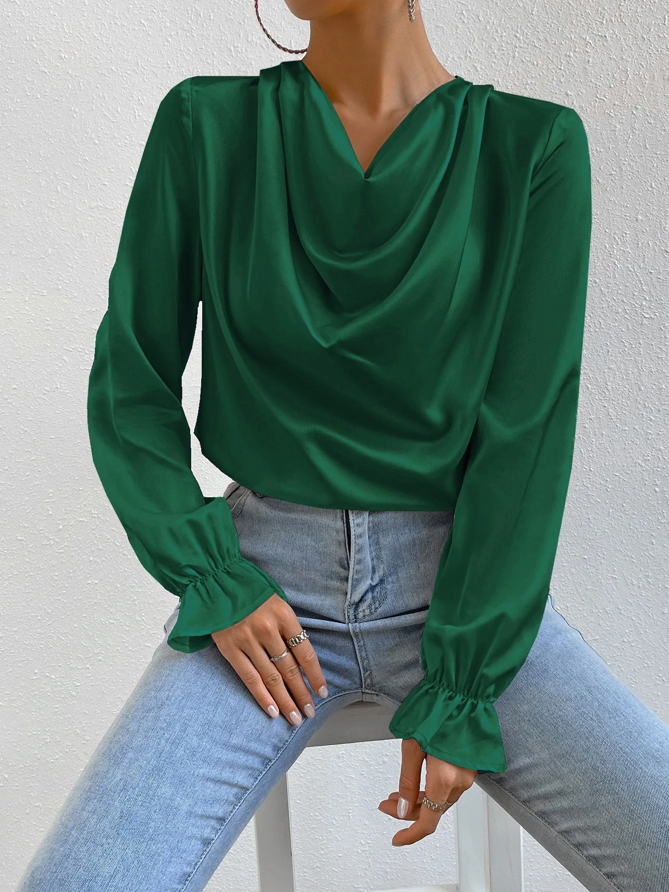 Draped Front Flounce Sleeve Satin Blouse