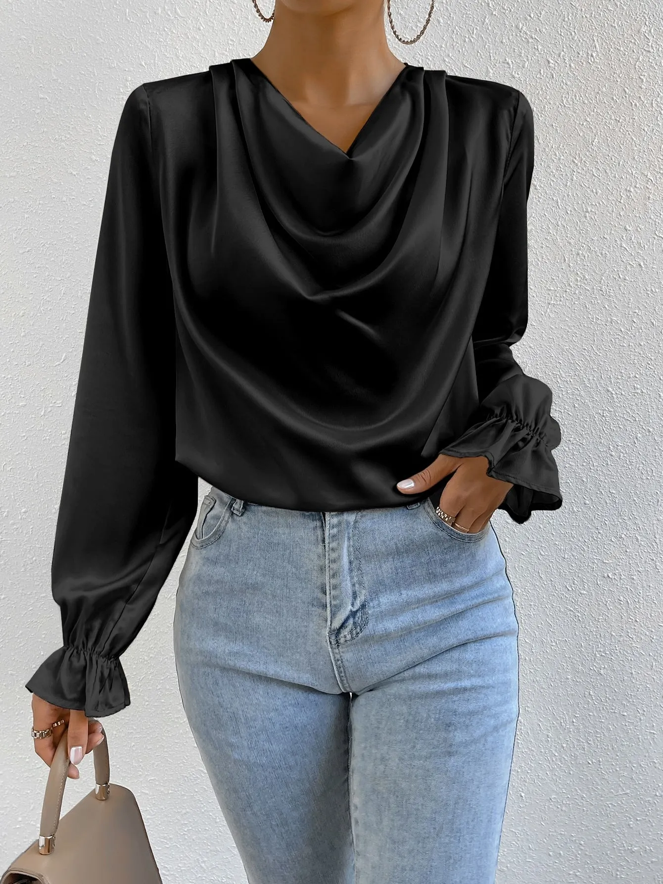 Draped Front Flounce Sleeve Satin Blouse