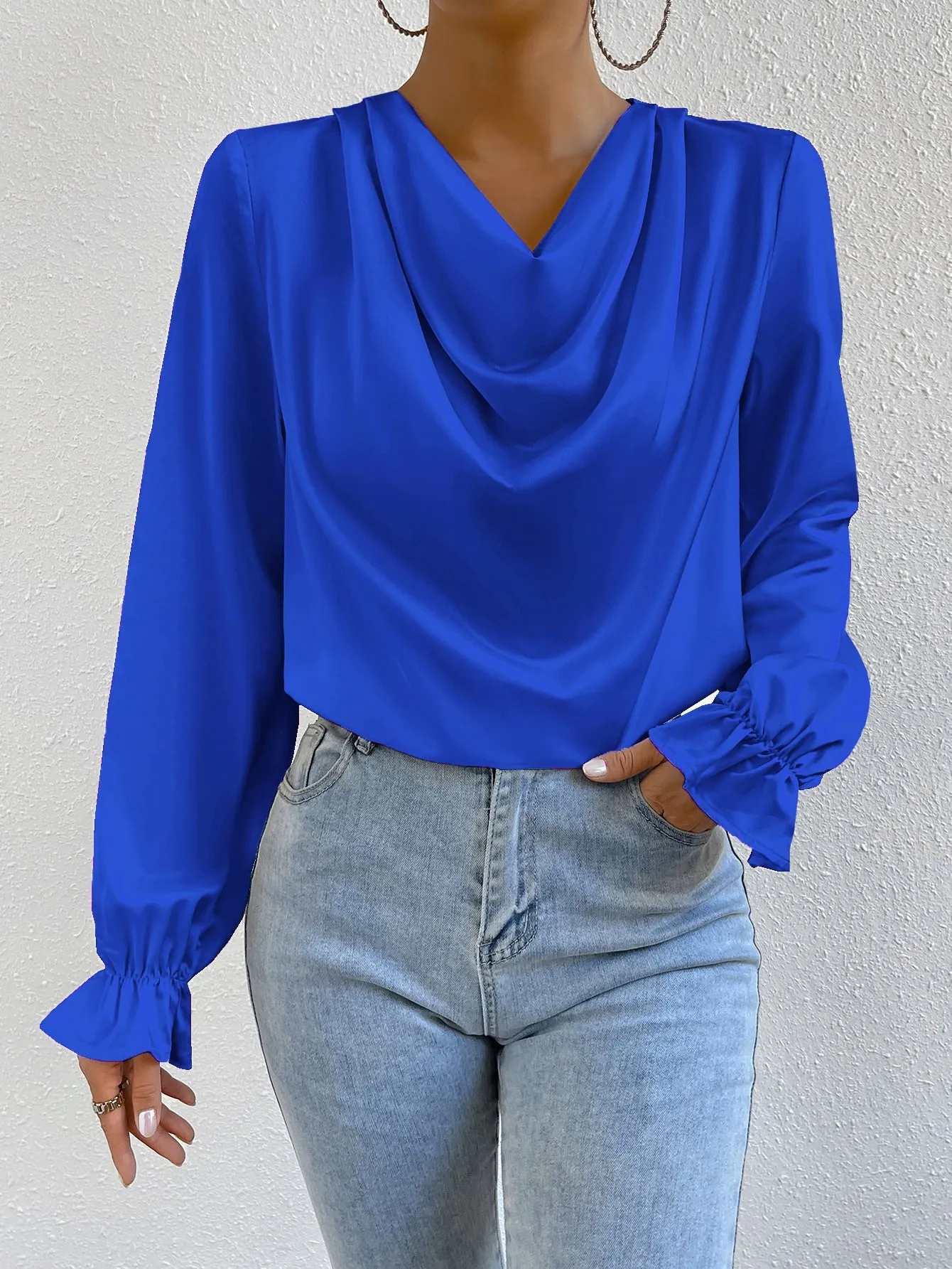 Draped Front Flounce Sleeve Satin Blouse