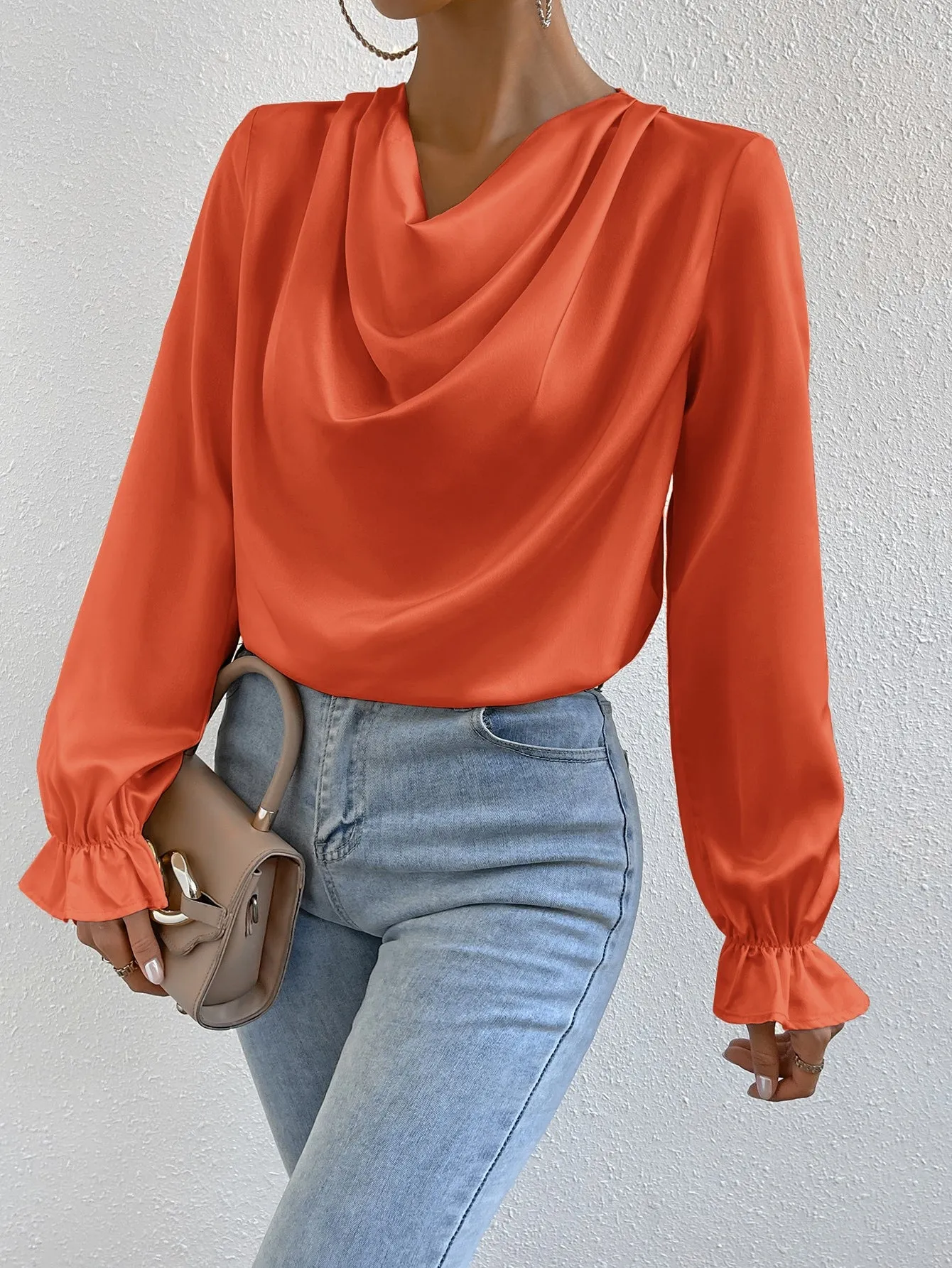 Draped Front Flounce Sleeve Satin Blouse