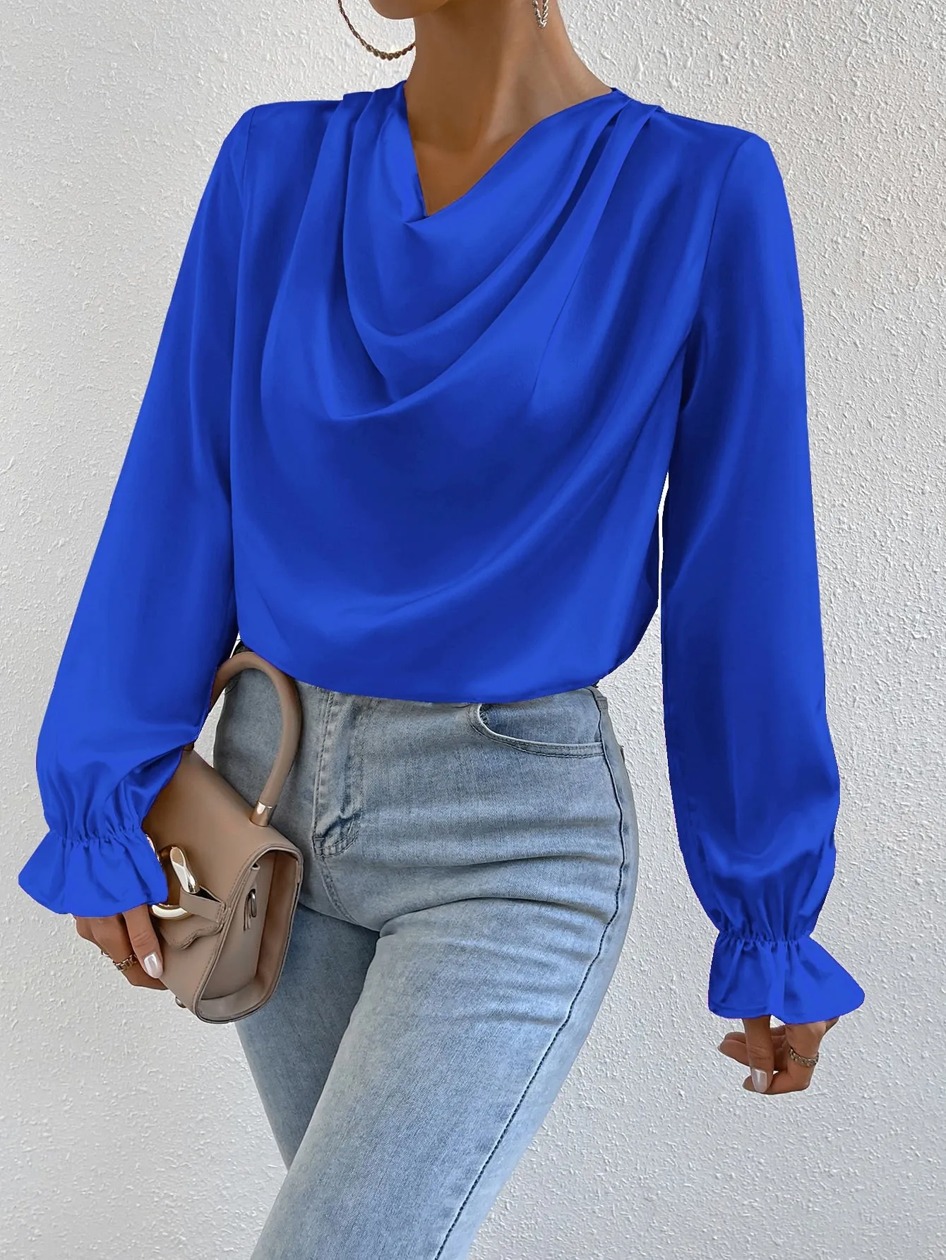 Draped Front Flounce Sleeve Satin Blouse