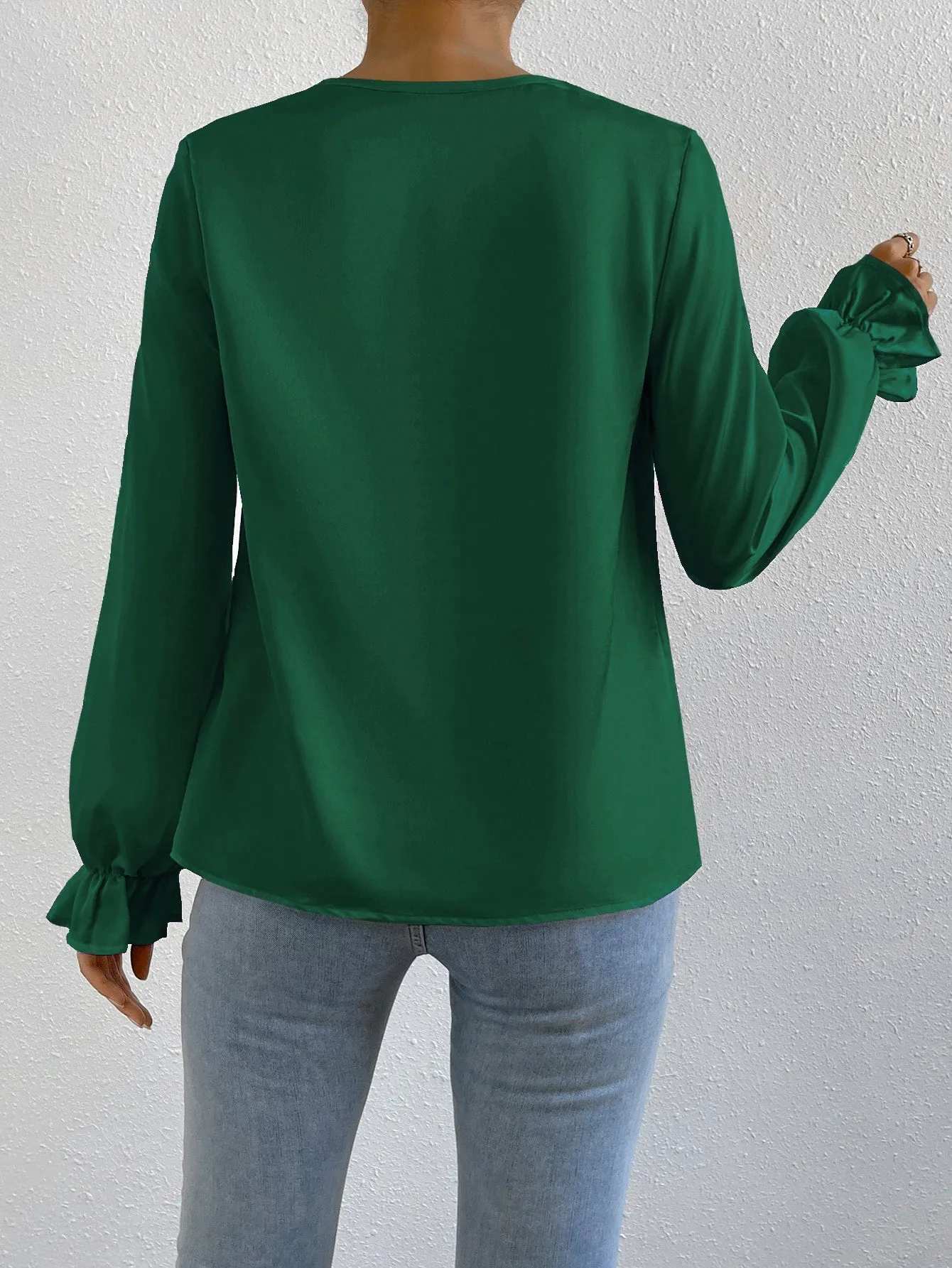 Draped Front Flounce Sleeve Satin Blouse