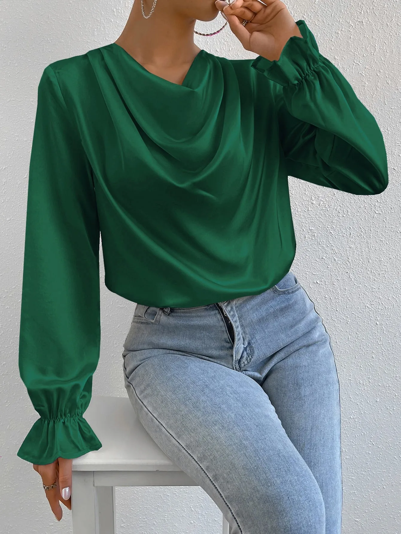 Draped Front Flounce Sleeve Satin Blouse