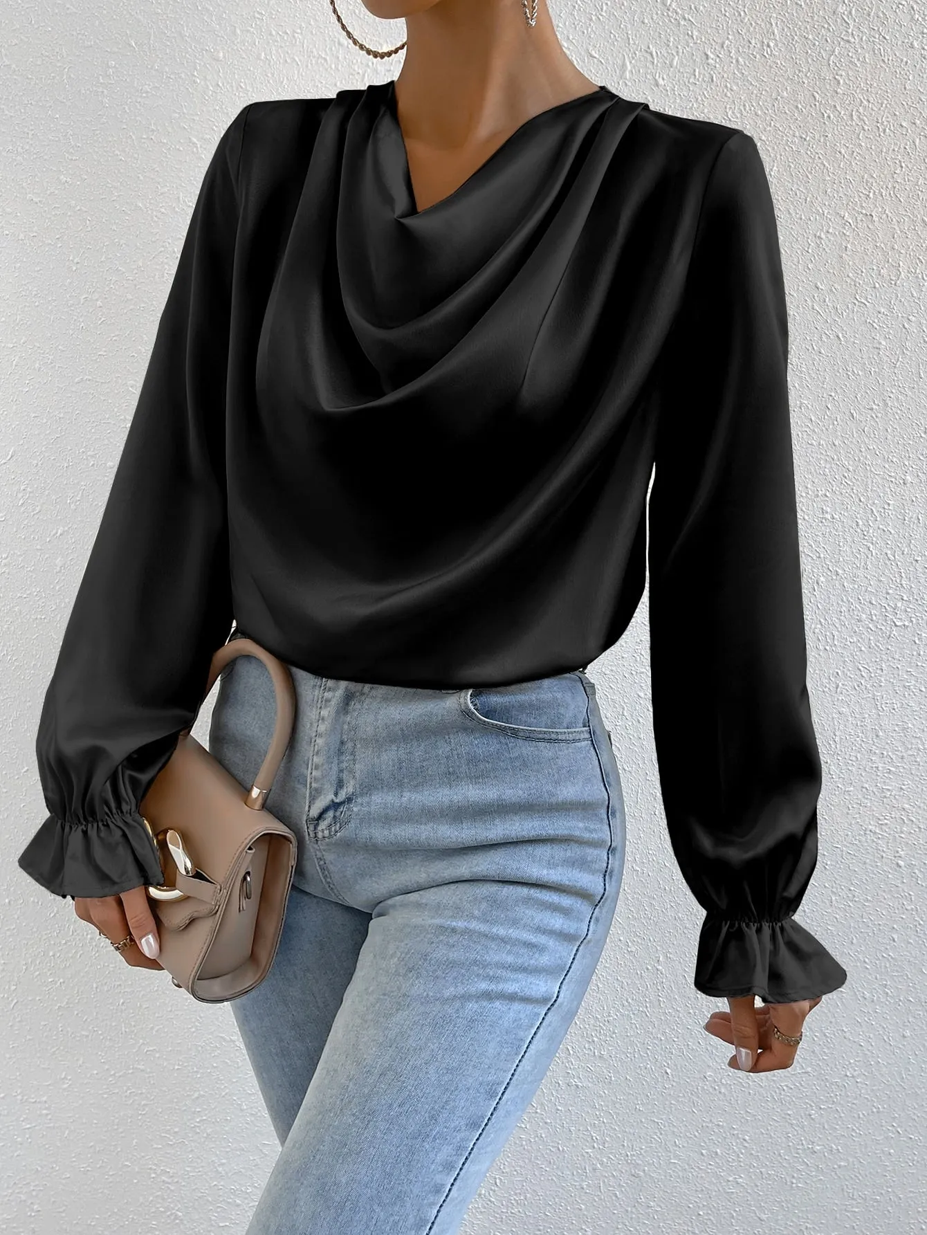 Draped Front Flounce Sleeve Satin Blouse