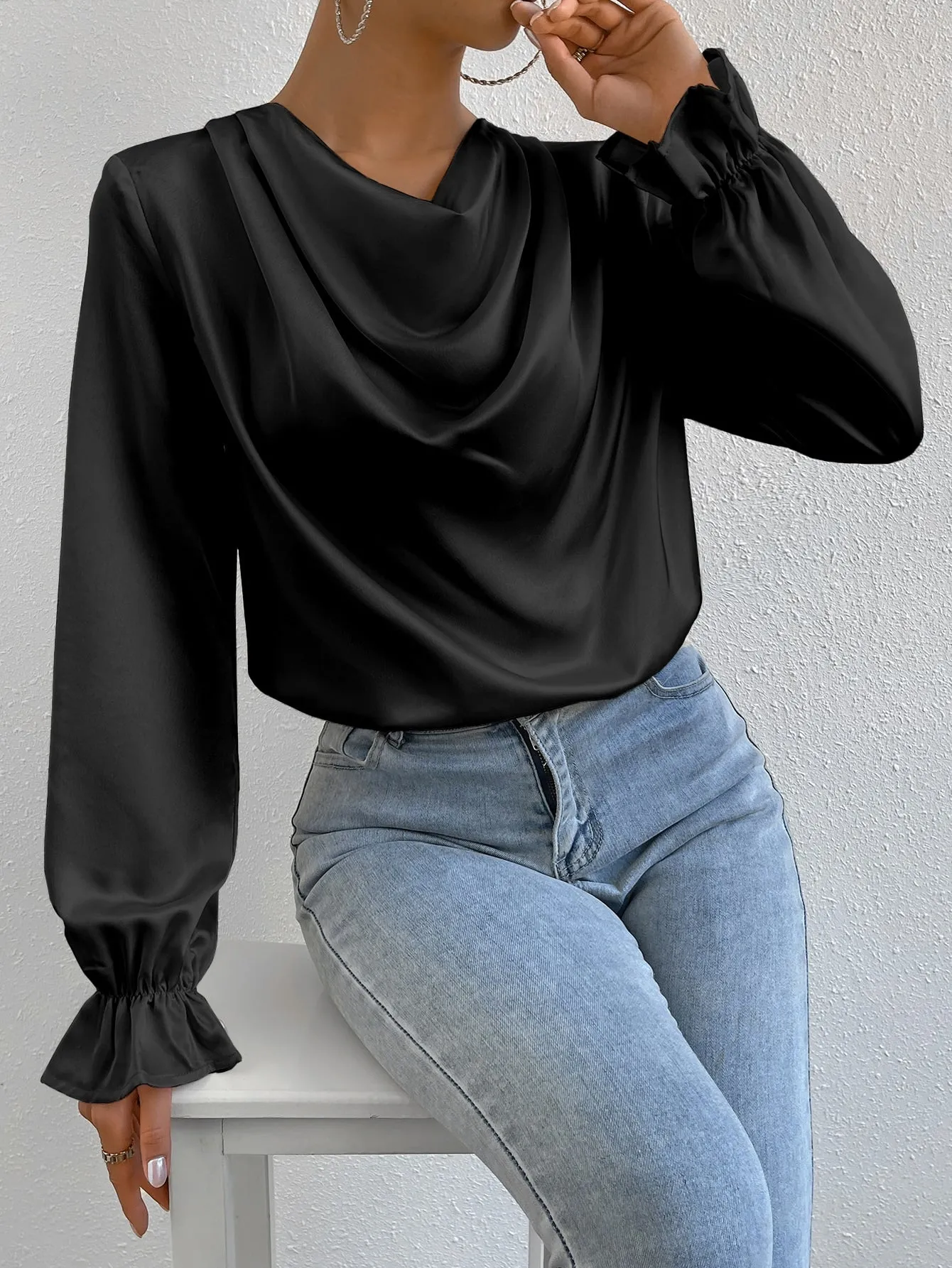 Draped Front Flounce Sleeve Satin Blouse