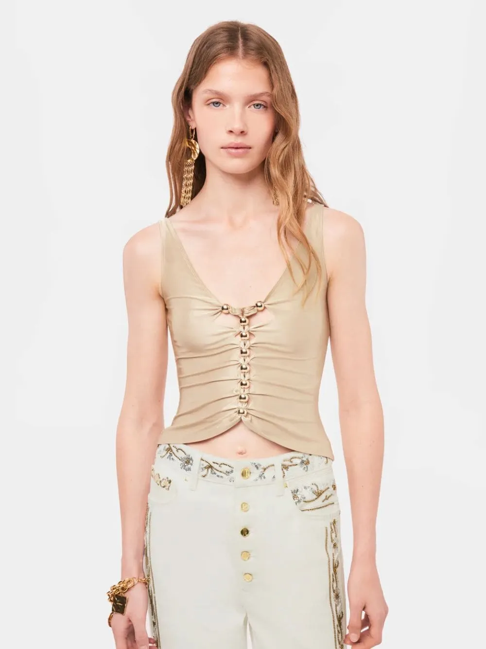 Draped Raffia-Colored Top with Metallic Details