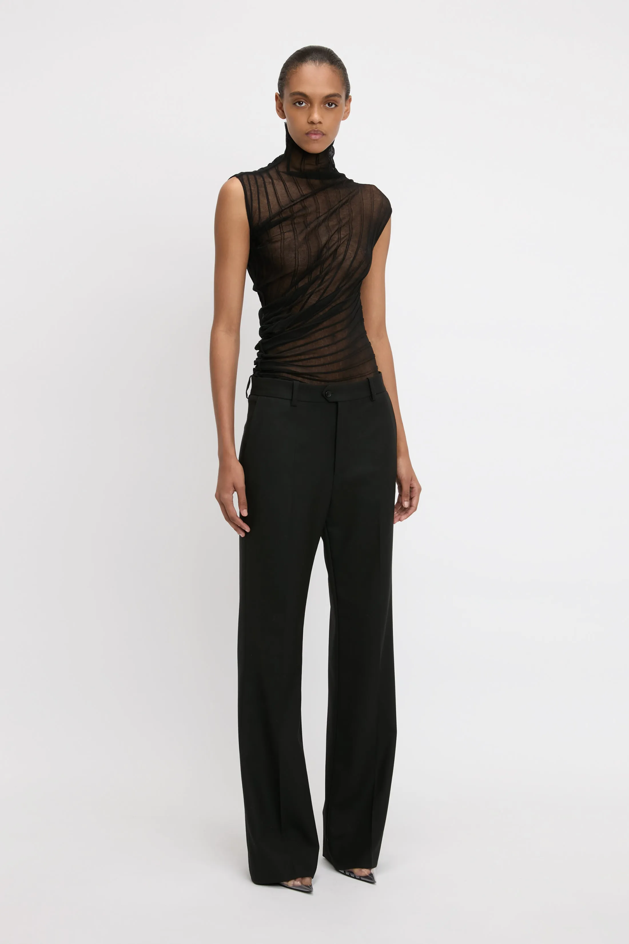 Draped Sleeveless High Neck Top In Black