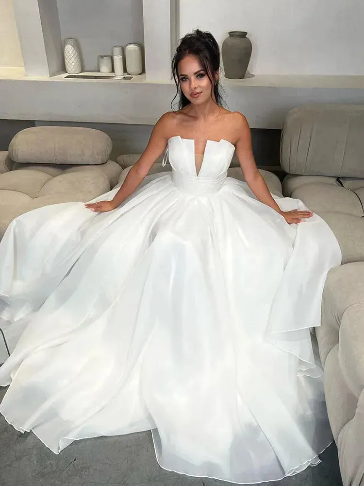 Dubai Organza Wedding Dresses Deep V Neck A Line Backless Boho Pleats Elegant Bridal Gowns Vestidos De Novia