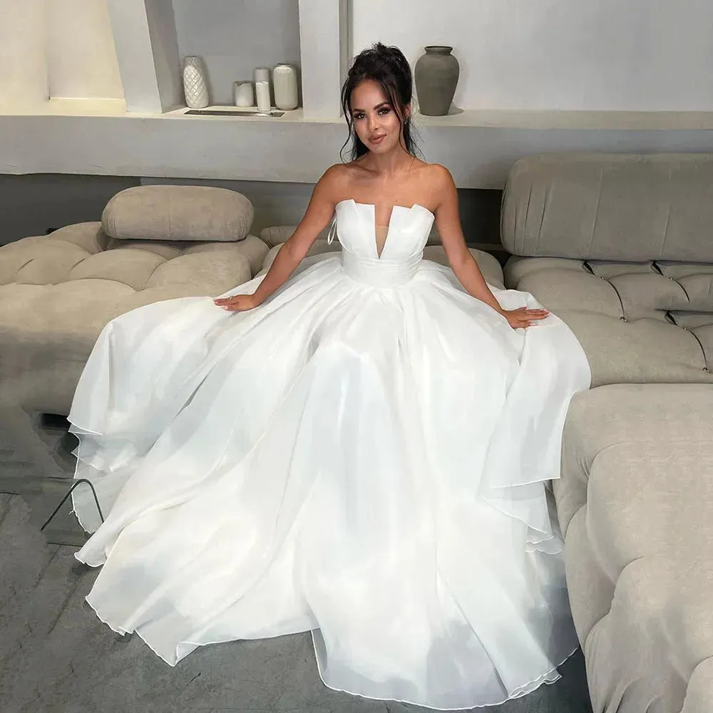 Dubai Organza Wedding Dresses Deep V Neck A Line Backless Boho Pleats Elegant Bridal Gowns Vestidos De Novia