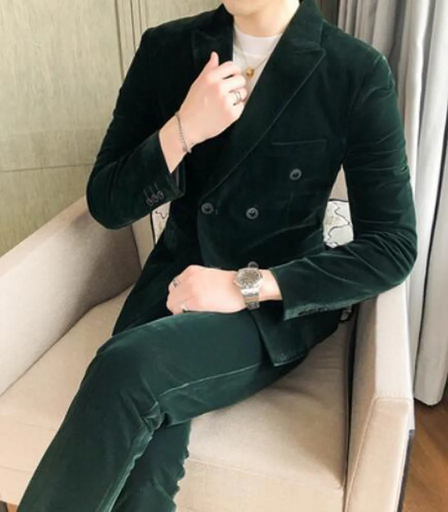 Elegant Wine Red Suits Mens Velvet Luxury Suits for Mens Groom Wedding Velour Suits Gentlemen Dress 2 Pcs Flannel Green Burgundy