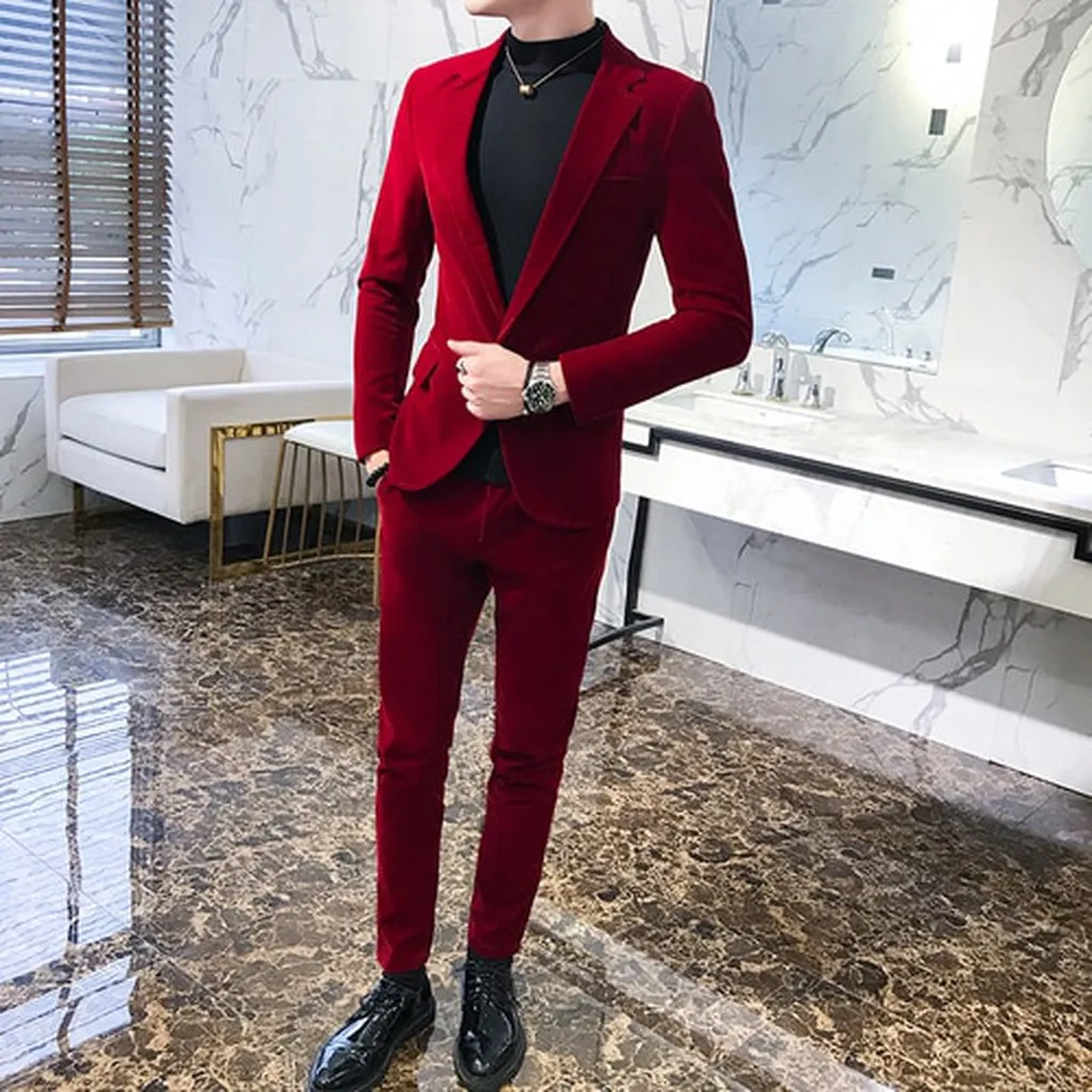 Elegant Wine Red Suits Mens Velvet Luxury Suits for Mens Groom Wedding Velour Suits Gentlemen Dress 2 Pcs Flannel Green Burgundy