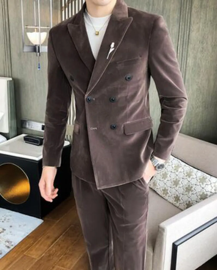 Elegant Wine Red Suits Mens Velvet Luxury Suits for Mens Groom Wedding Velour Suits Gentlemen Dress 2 Pcs Flannel Green Burgundy