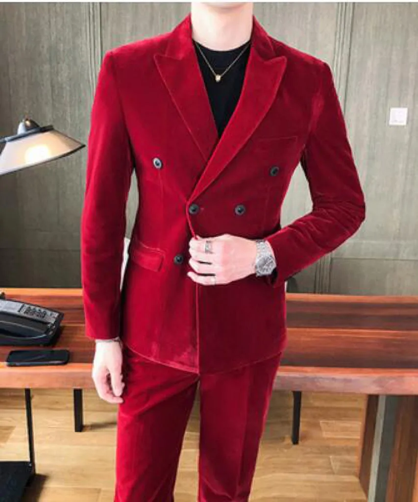 Elegant Wine Red Suits Mens Velvet Luxury Suits for Mens Groom Wedding Velour Suits Gentlemen Dress 2 Pcs Flannel Green Burgundy
