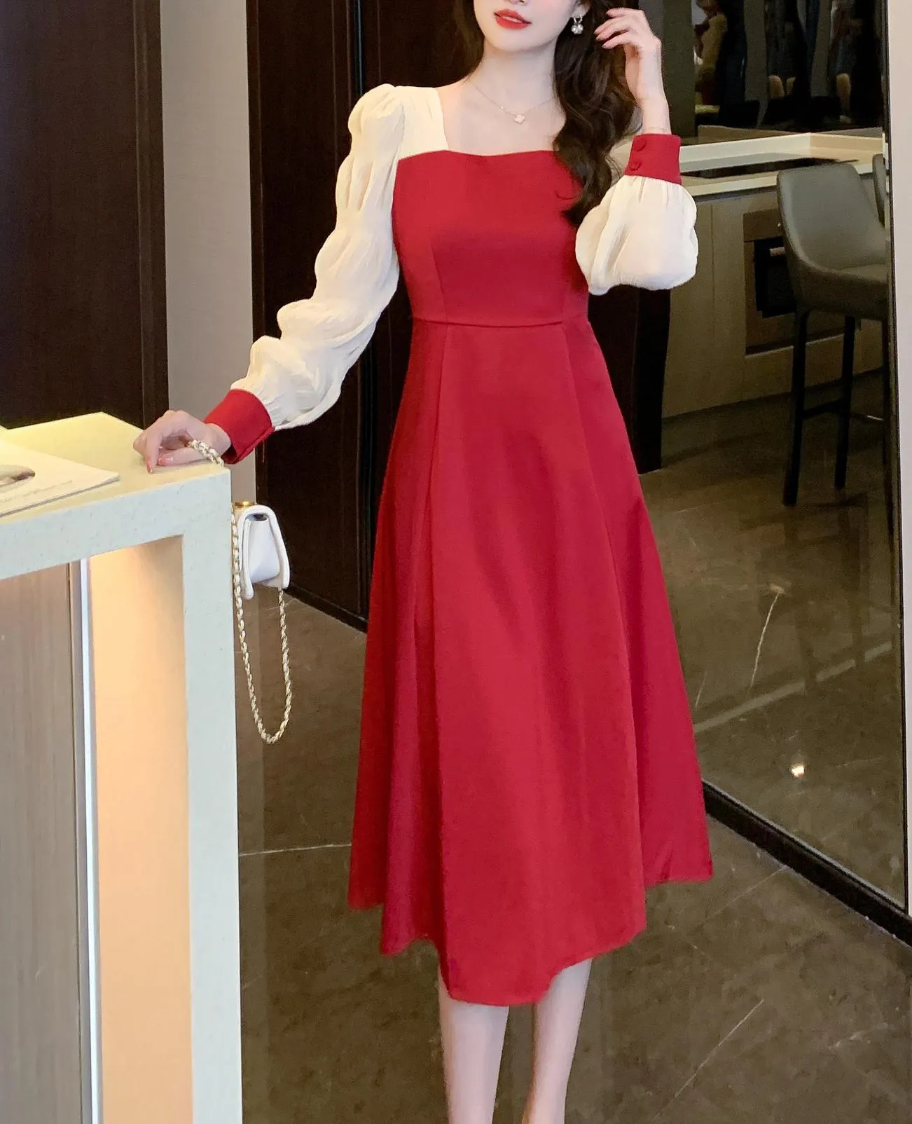 Elegant Women's Dress with Ruffled Hem and Long Sleeves