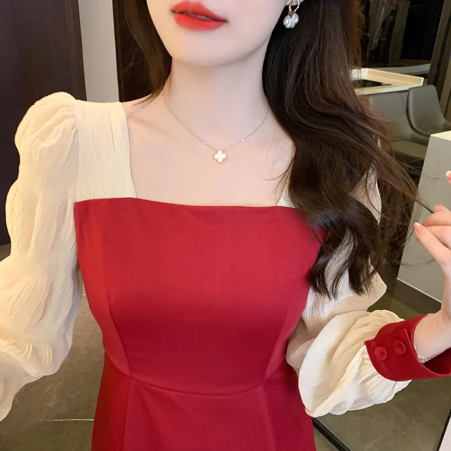 Elegant Women's Dress with Ruffled Hem and Long Sleeves