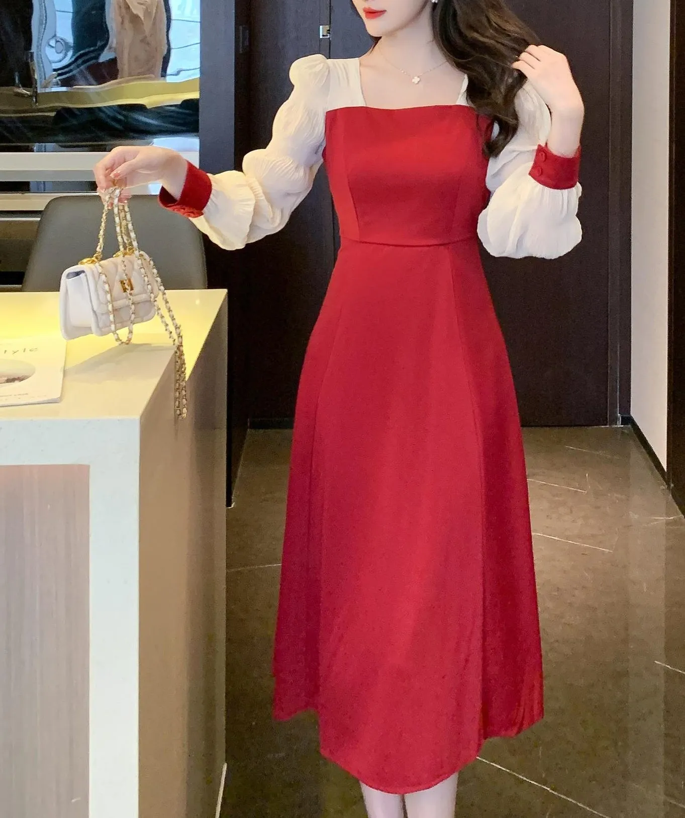 Elegant Women's Dress with Ruffled Hem and Long Sleeves